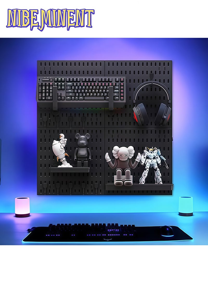 NIBEMINENT Pegboard Combination Kit, Wall Mount Display Pegboard Panel Kit for Live Room Gaming Room, Craft Room, Work place, Durable Plastic Wall Organizer Kit, Peg Boards Organizer, 4 x 30*30cm, Black - Image 1